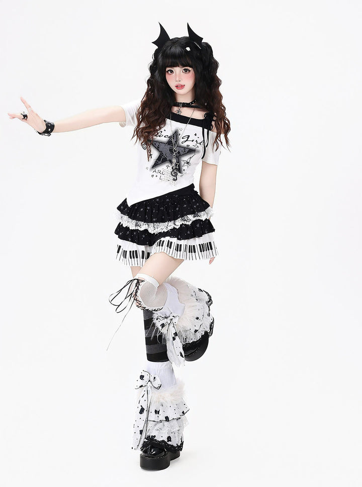 Star Graphic T-Shirt Piano Key Skirt