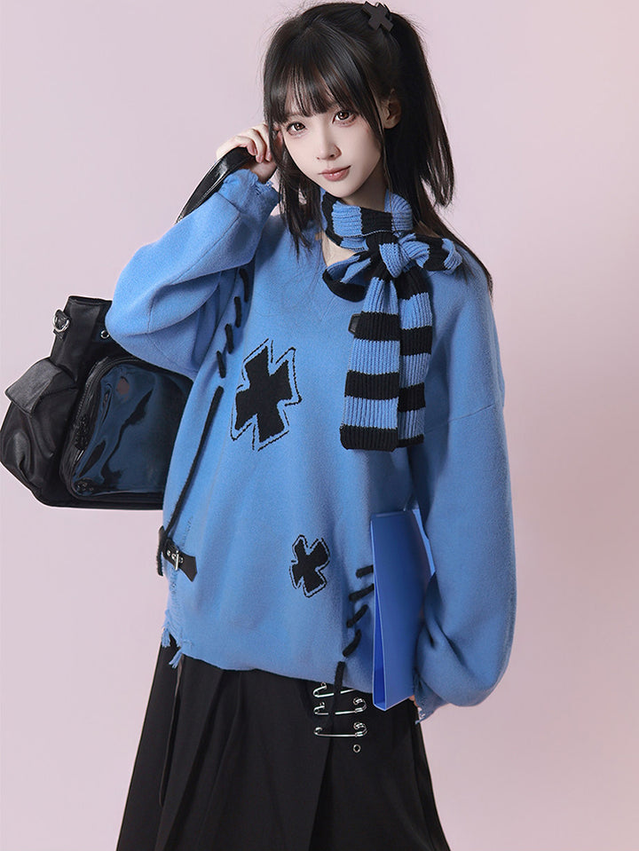 Grunge Distressed Cross Knit Sweater