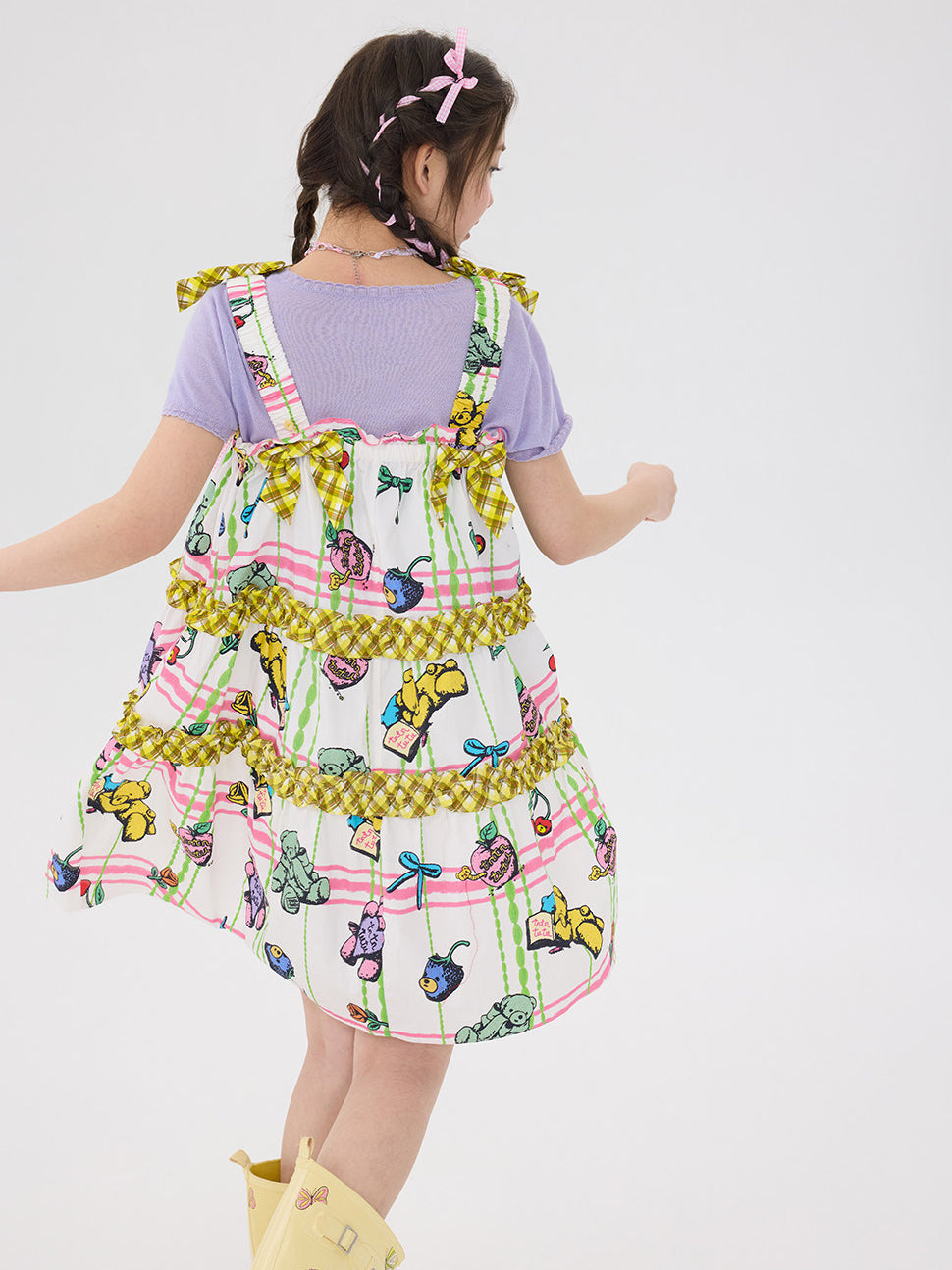 Pastel Bear Print Ruffle Bow Dress