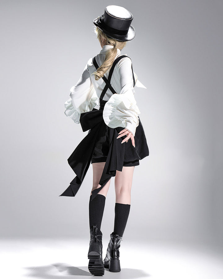 Stylish Black High-Waisted Suspender Shorts with Flared Skirt Overlay