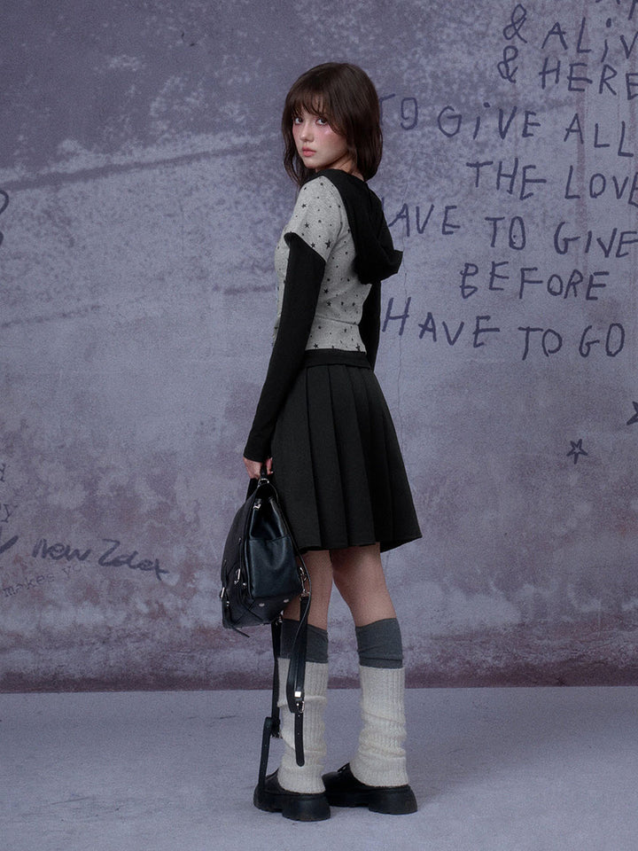 Black Contrast Waist Pleated Midi Skirt