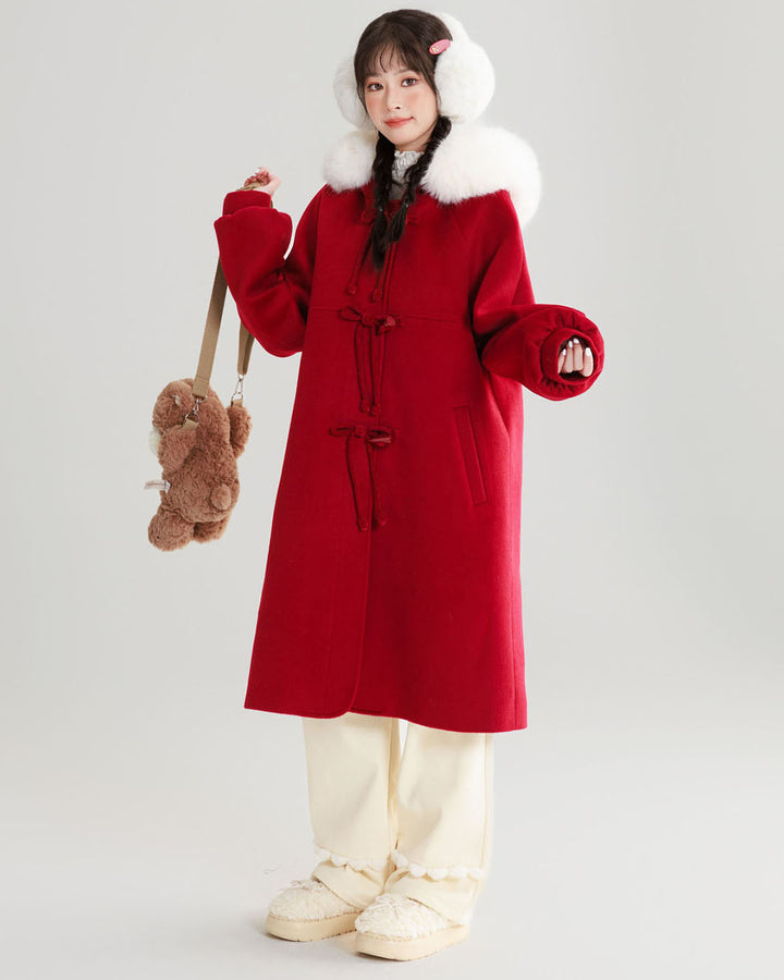 Red Wool Coat with Lantern Sleeves