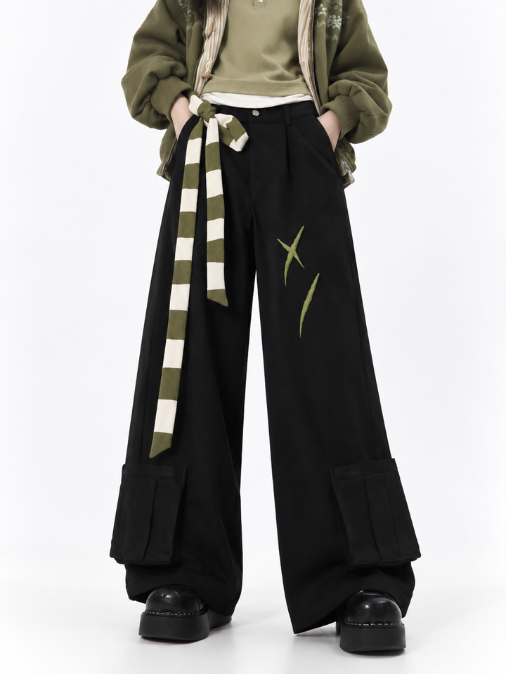 Striped Tie Wide Leg Cargo Pants