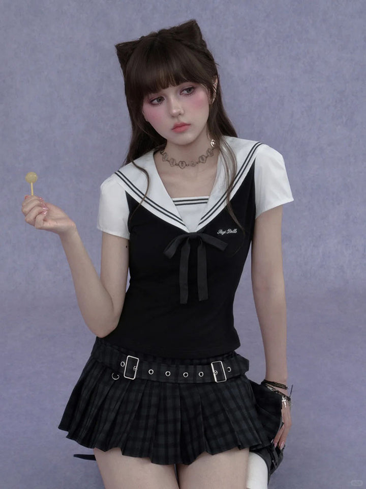 Layered Sailor Collar Top Plaid Skort