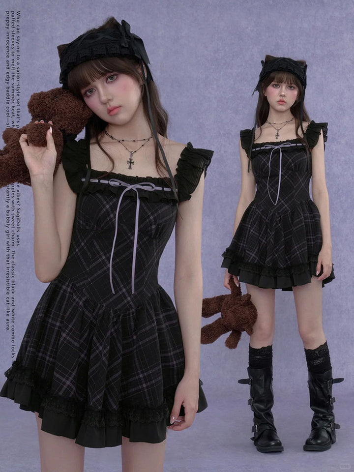 Dark Plaid Ruffle Lace Coquette Dress
