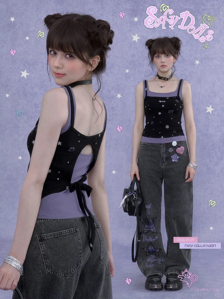 Subcul Jirai Cat Star Print Cutout Cami Top