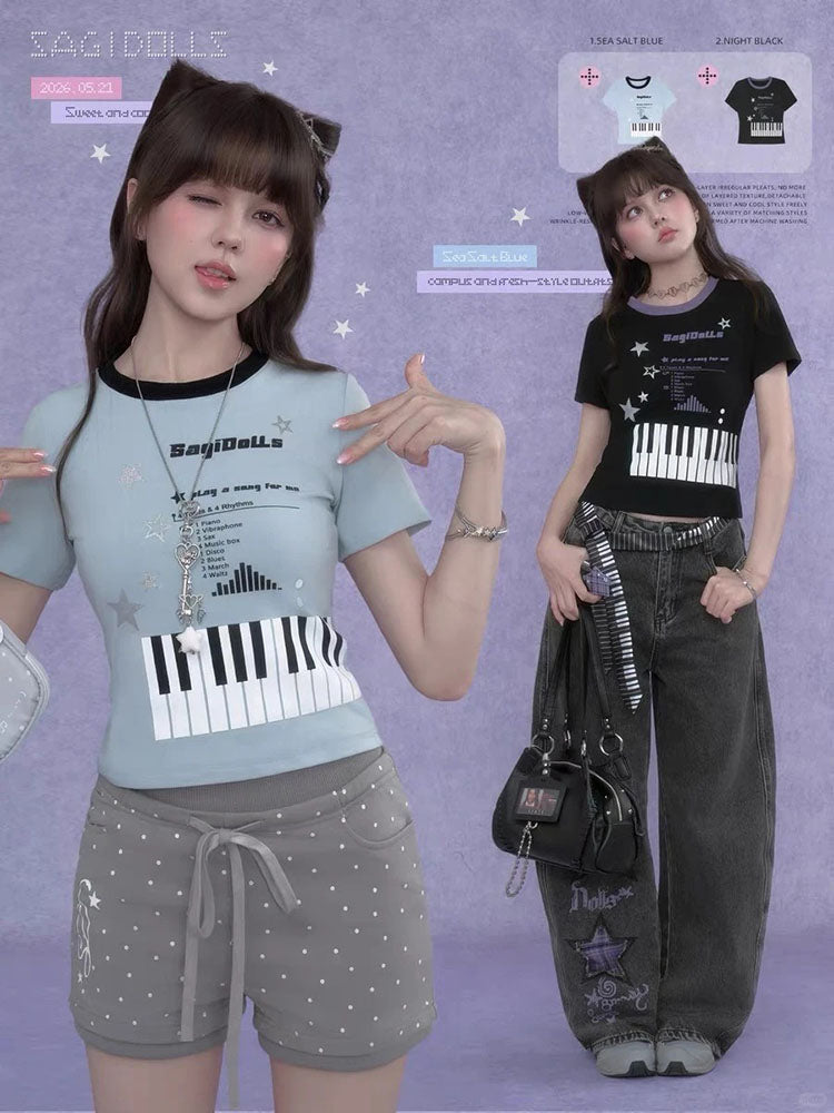 Y2K Piano Star Graphic Baby T-shirt