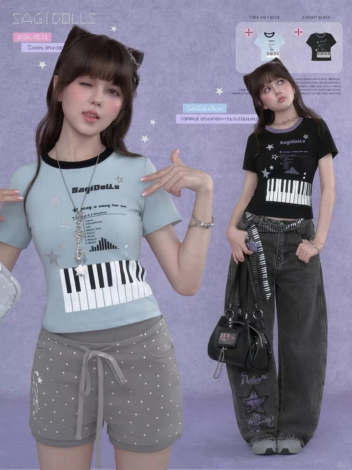 Y2K Piano Star Graphic Baby T-shirt