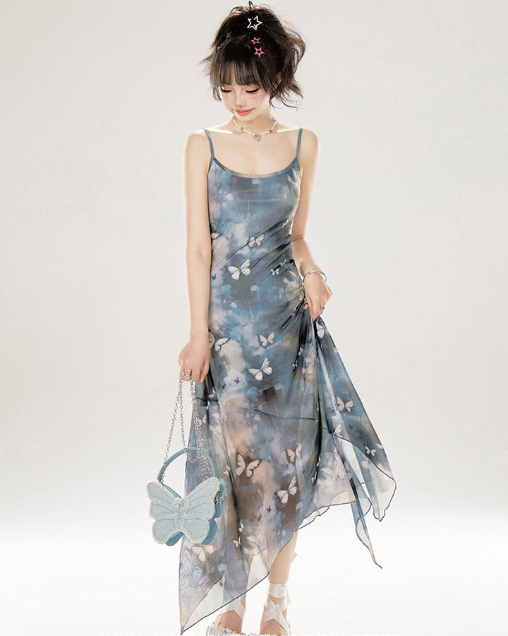 Blue Butterfly Irregular Summer Dress