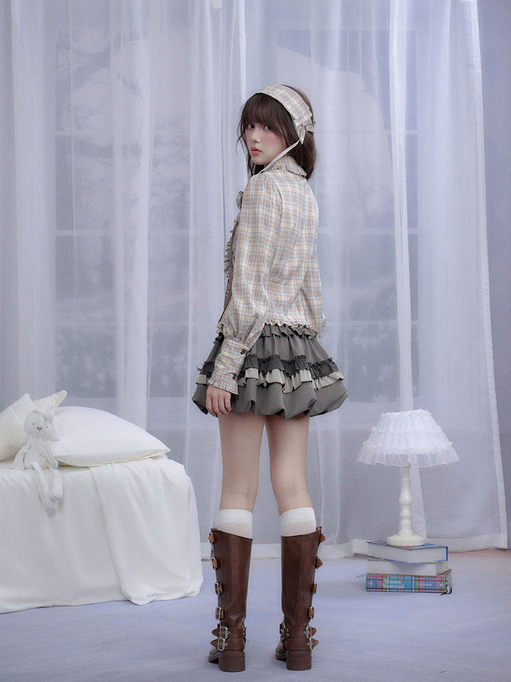 Gray Bow Ruffle Bubble Mini Skirt