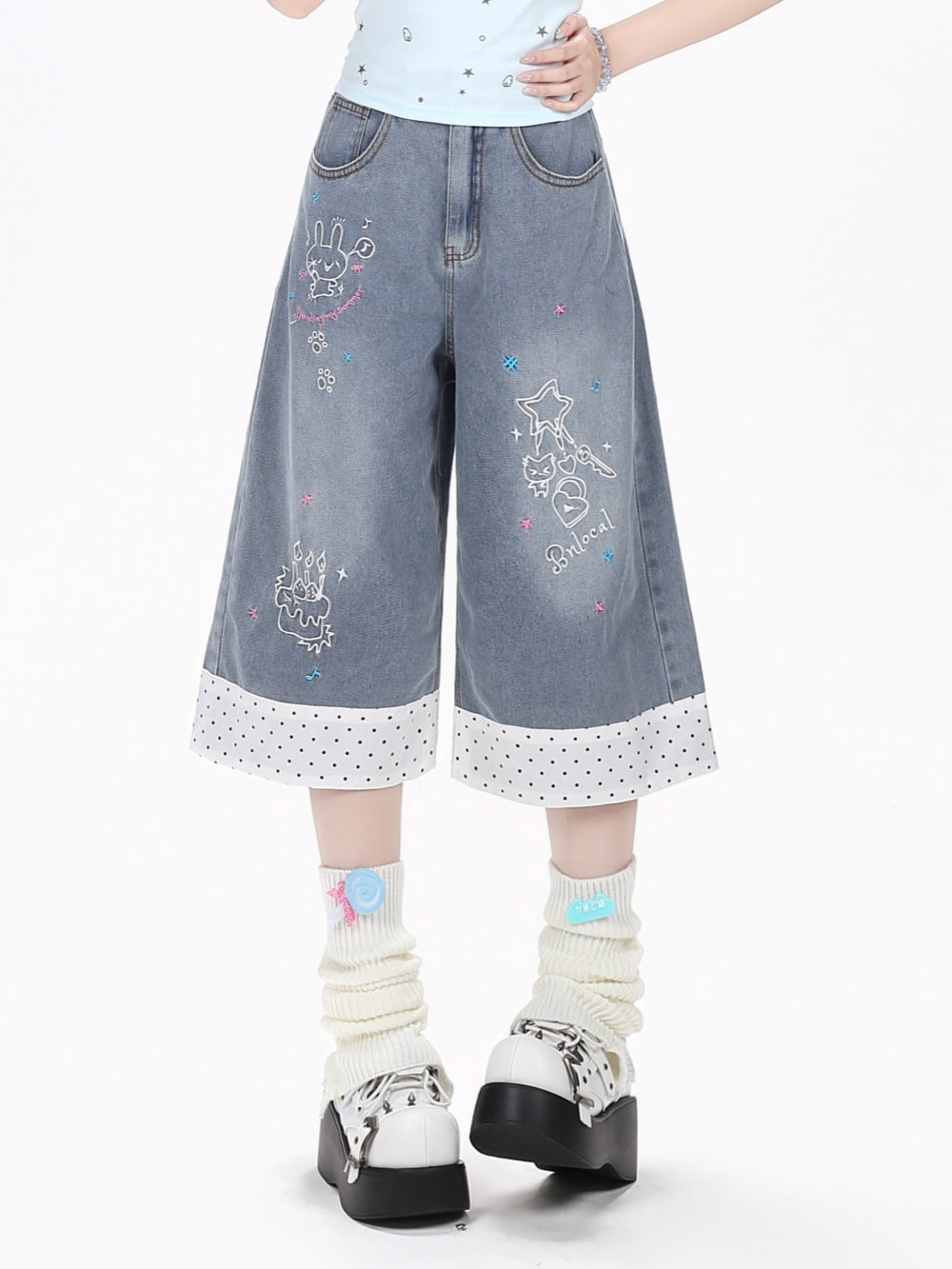 Kawaii Doodle Embroidered Cropped Wide Leg Jeans