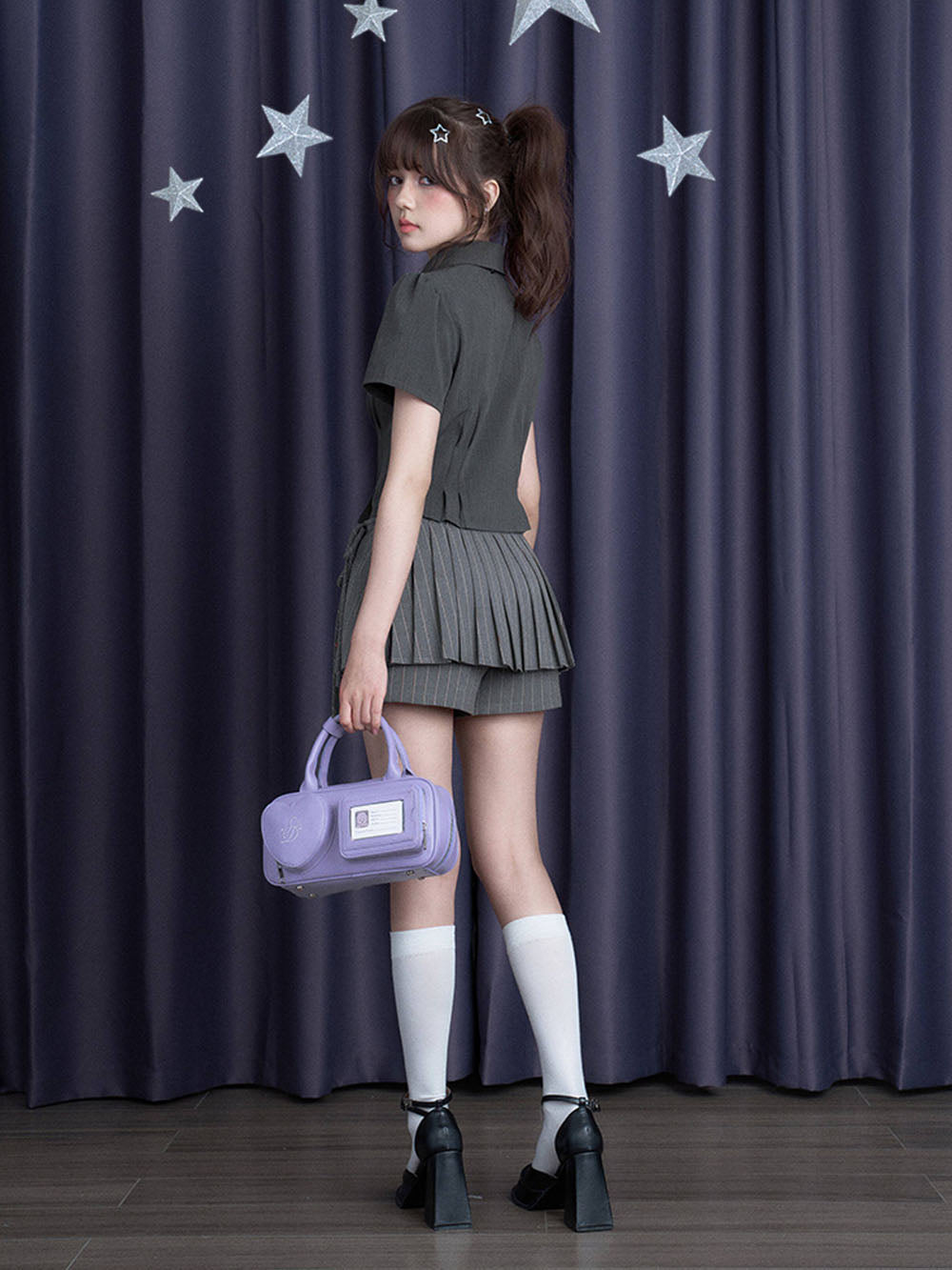 Gray Pinstripe Bow Pleated Skort