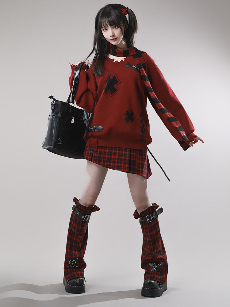 Punk Red Plaid Belted Skirt