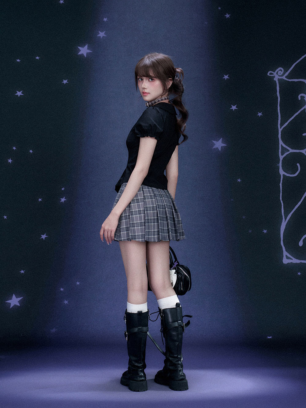 Gray Plaid Buckle Panel Pleated Mini Skirt