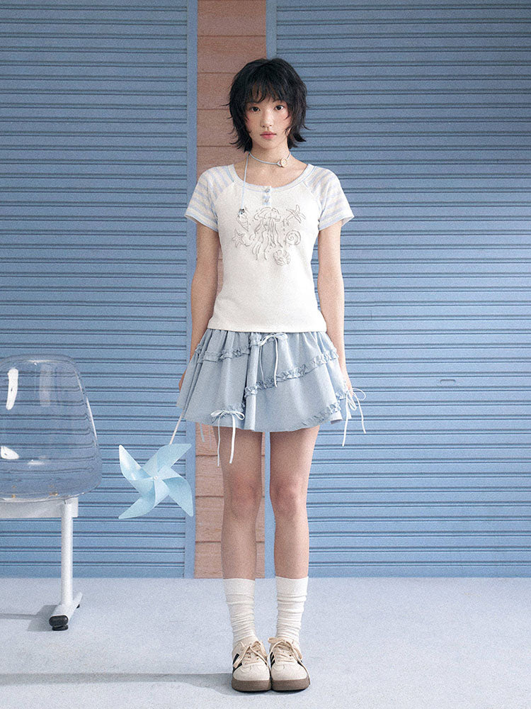 Kawaii Jellyfish Starfish Stripe Sleeve T-shirt
