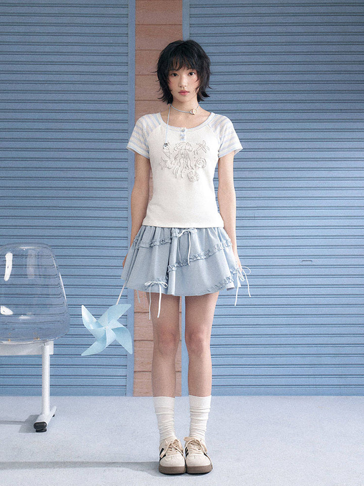 Kawaii Jellyfish Starfish Stripe Sleeve T-shirt