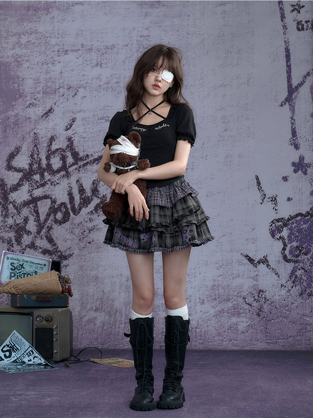 Gray Plaid Layered Ruffle Mini Skirt