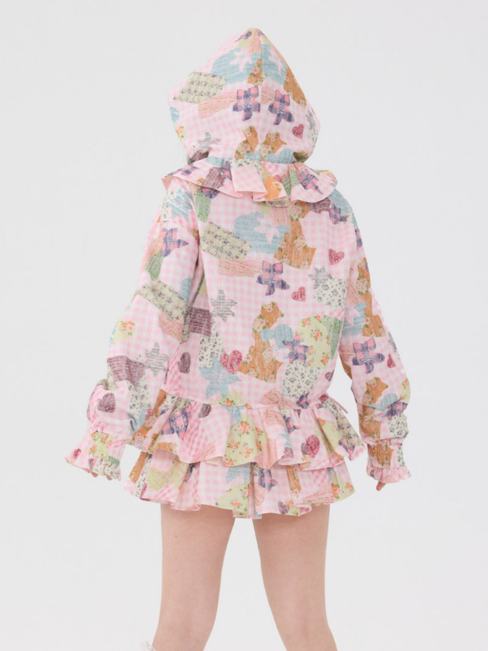 Pink Patchwork Hooded Jacket / Short Skirt