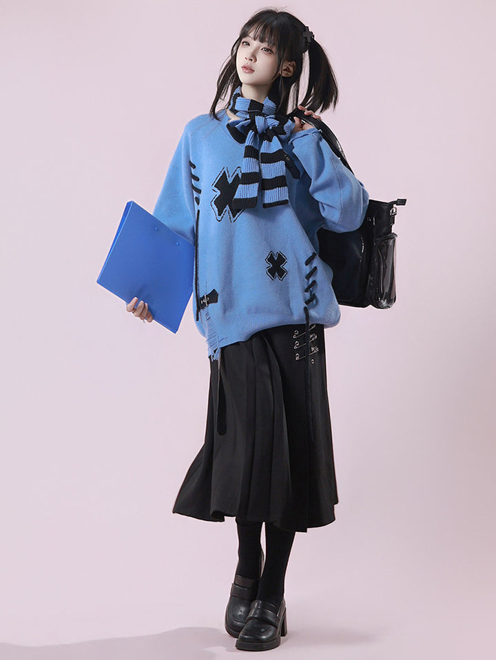 Punk Buckle Belted Safety Pin Skirt