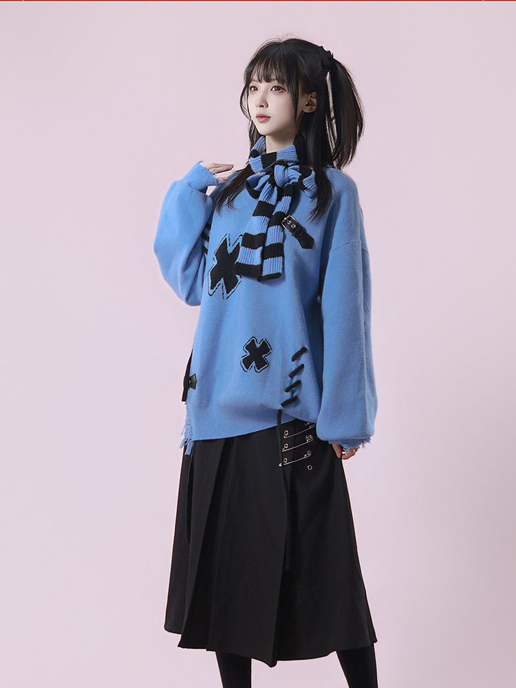 Grunge Distressed Cross Knit Sweater
