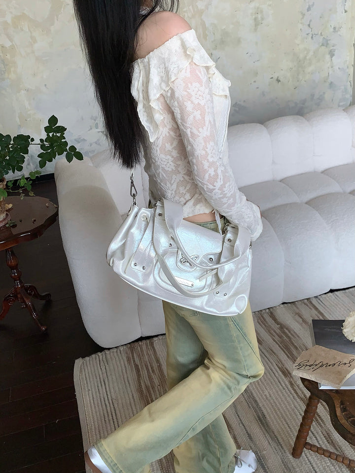 Y2K Metallic Silver Butterfly Biker Shoulder Bag