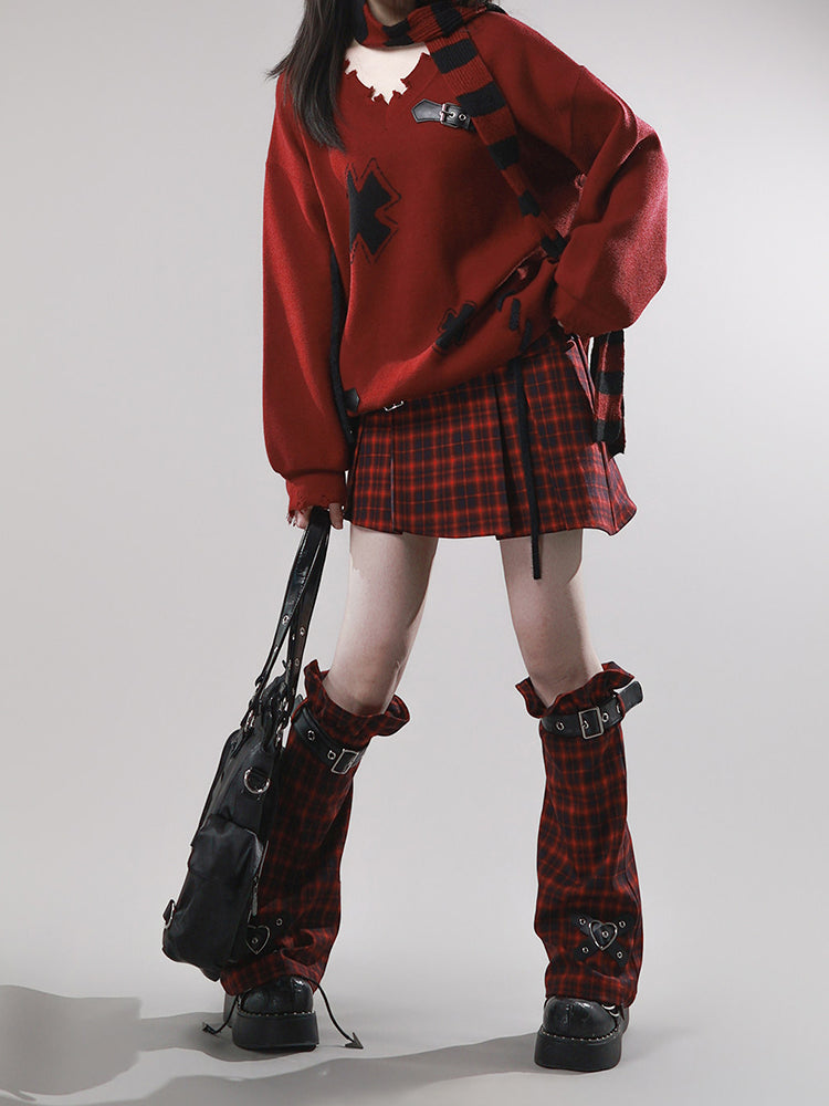 Punk Red Plaid Belted Skirt
