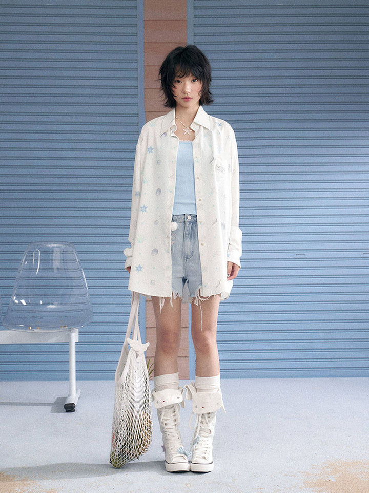 Oversized Subcul Marine Heart Pocket Long Sleeve Shirt