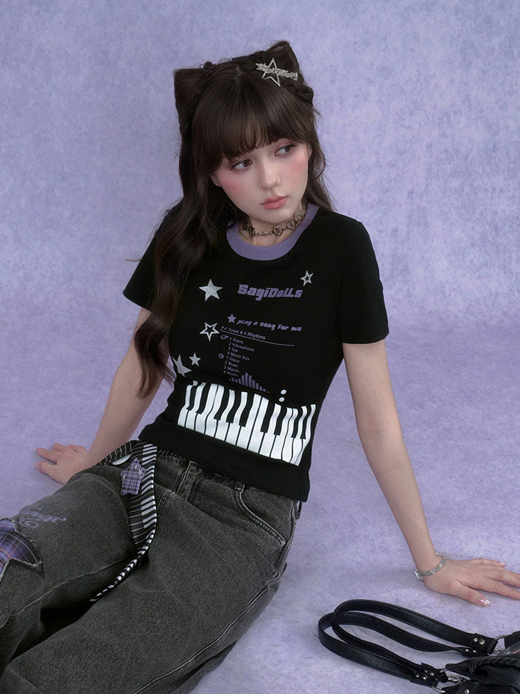 Y2K Piano Star Graphic Baby T-shirt