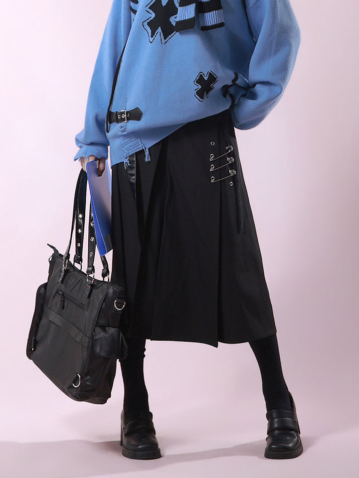 Punk Buckle Belted Safety Pin Skirt