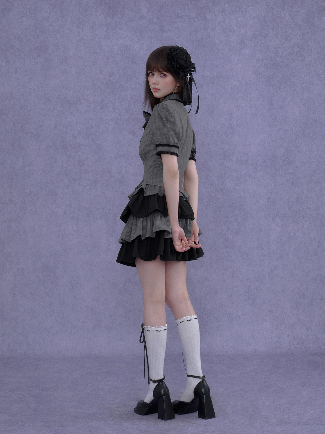 Pinstripe Tiered Ruffle Gothic Smock Dress