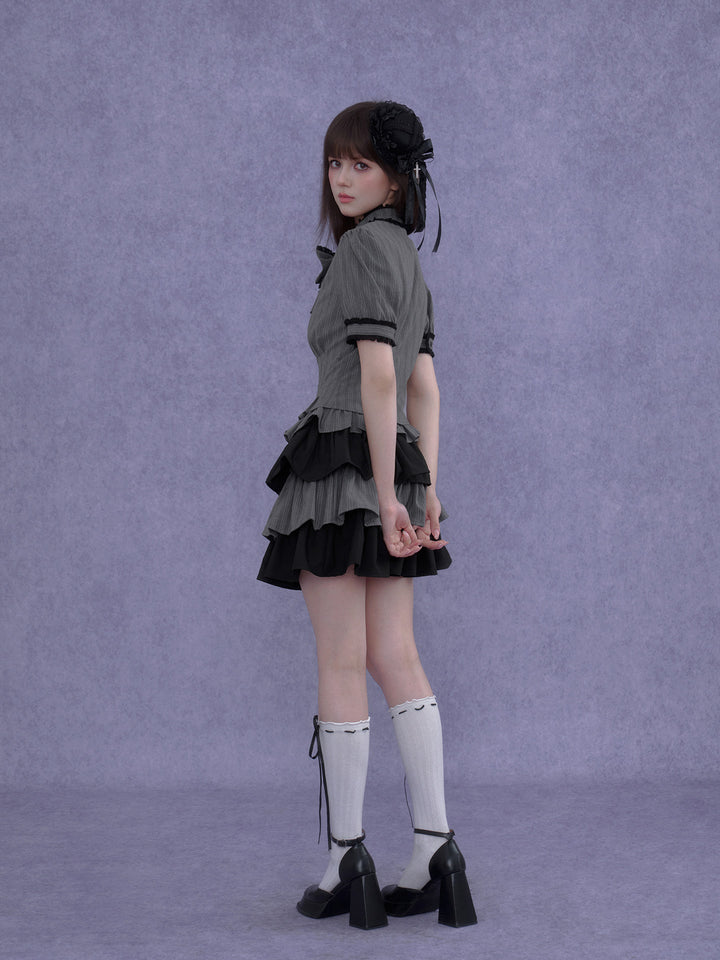 Pinstripe Tiered Ruffle Gothic Smock Dress