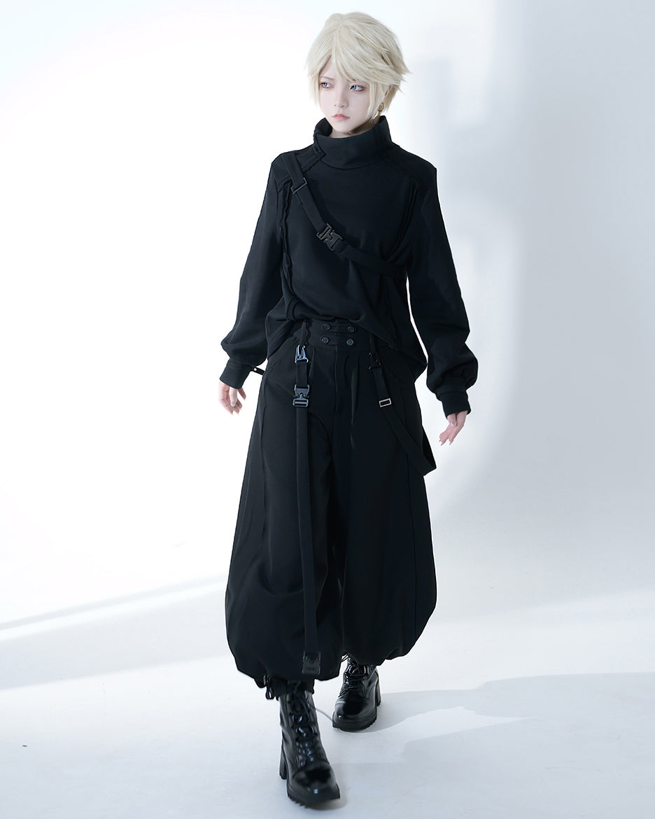 Edgy Black Wide-Leg Cropped Pants with Strap Accents