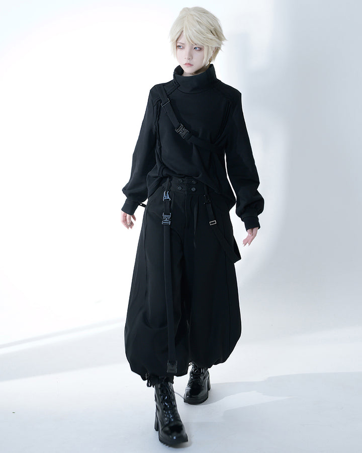 Edgy Black Wide-Leg Cropped Pants with Strap Accents