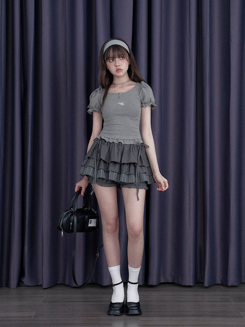 Gray Bow Tie Layered Ruffle Skort