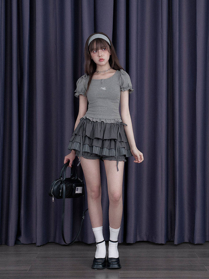 Gray Bow Tie Layered Ruffle Skort