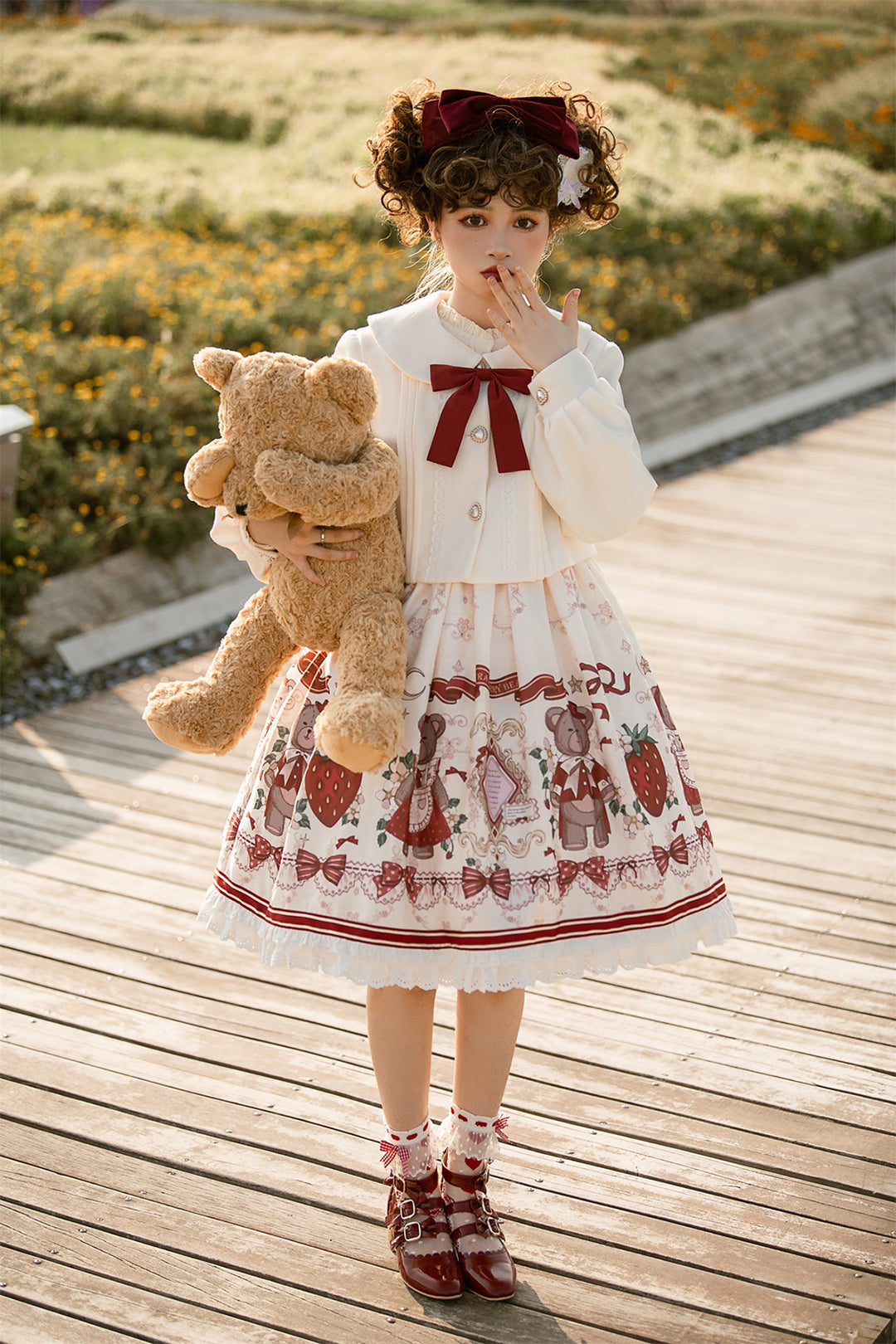 Bear and Strawberry Print Crop Jacket Dress