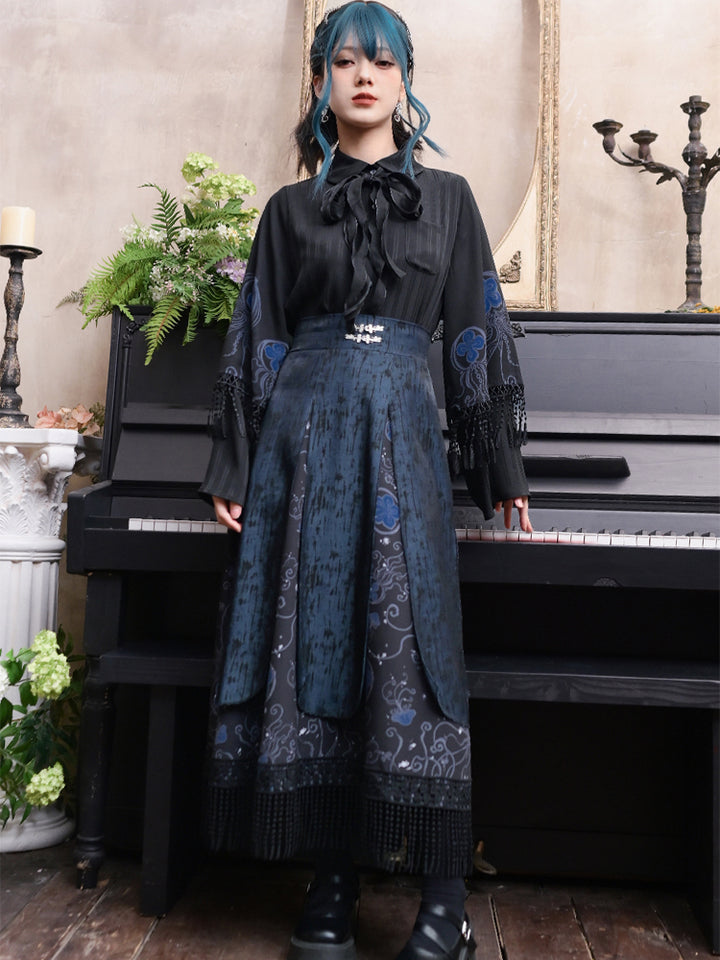 Blue Tears' Black Sweet-Cool Style Shirt with Double-Layer Sleeves
