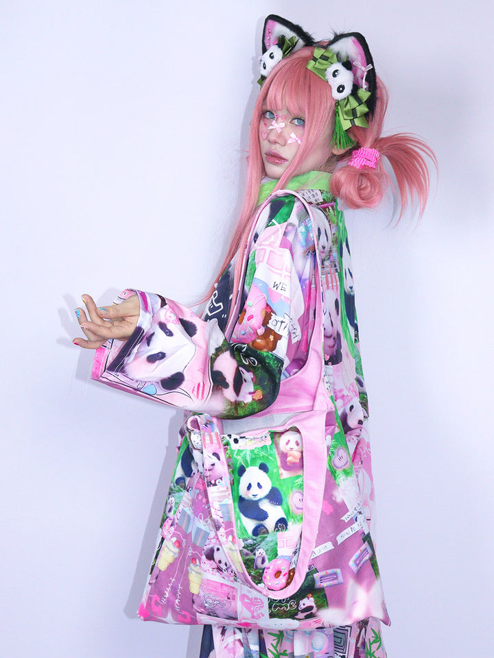 Pink Panda Collage Mandarin Collar Shirt
