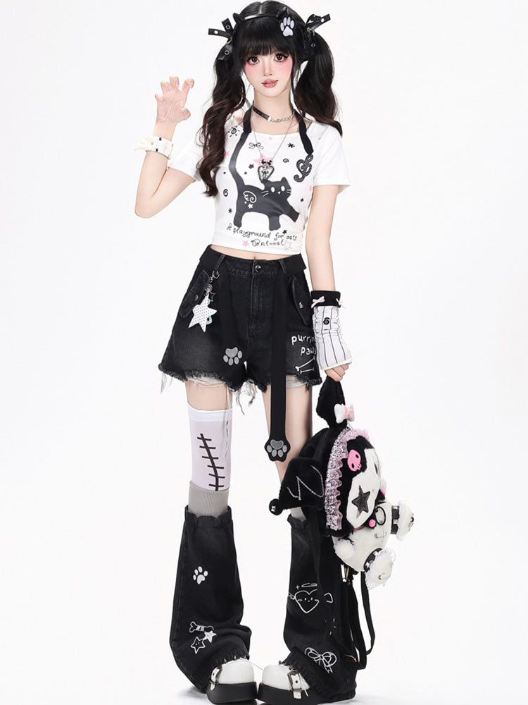 Faux Halter Kawaii Cat Graphic Tee