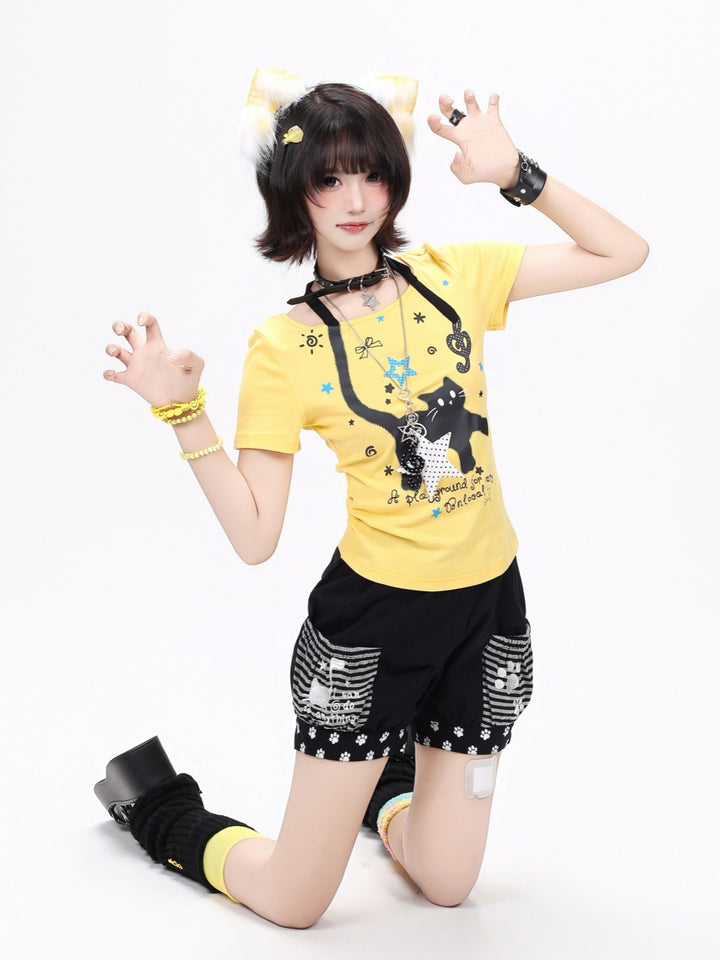 Kawaii Cat Paw Striped Shorts