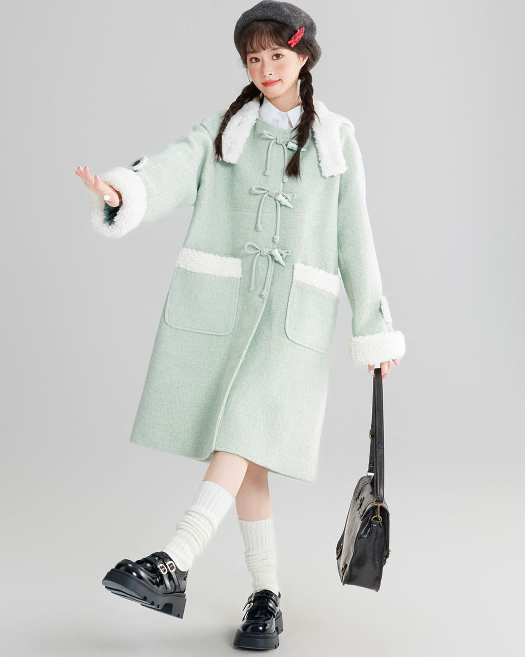 Mint Green College-style Thickened Wool Coat for Winter