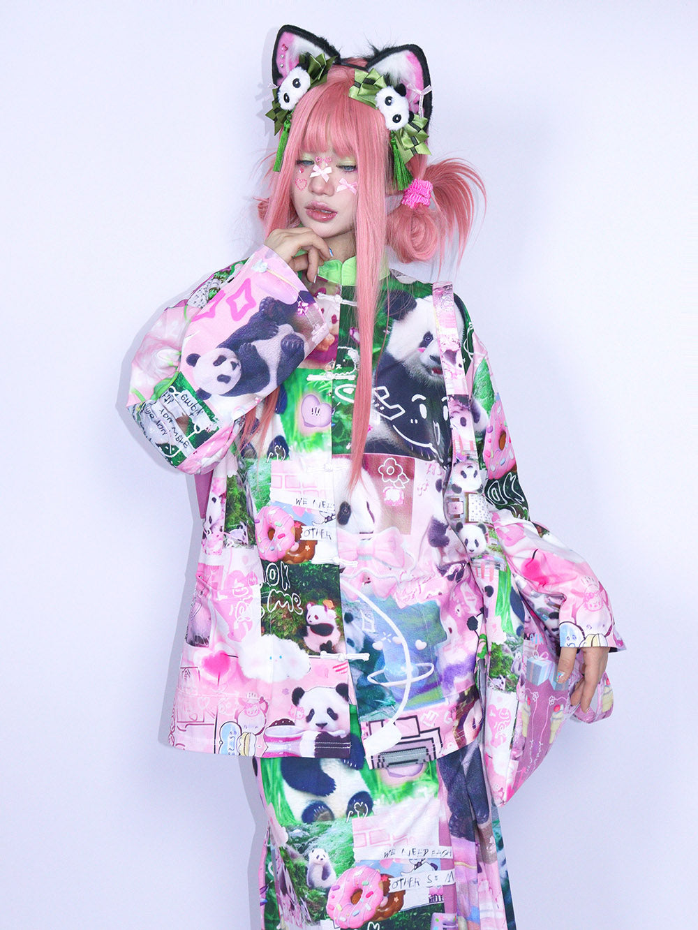 Pink Panda Collage Mandarin Collar Shirt