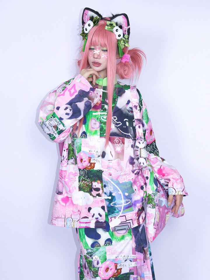 Pink Panda Collage Mandarin Collar Shirt