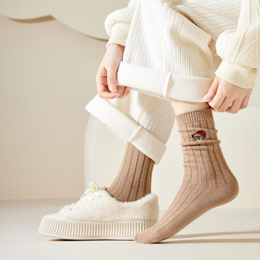 Cartoon Bear Embroidery Solid Color Thick Wool Socks