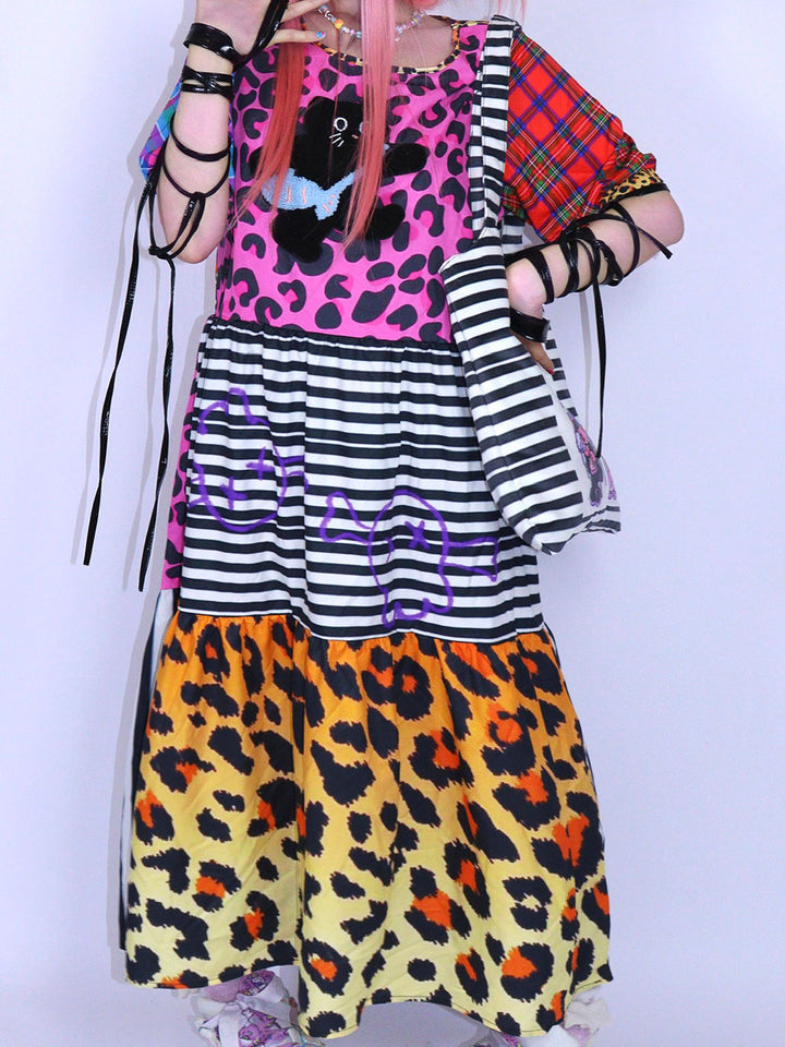 Pink Leopard Cat Patchwork Midi Dress