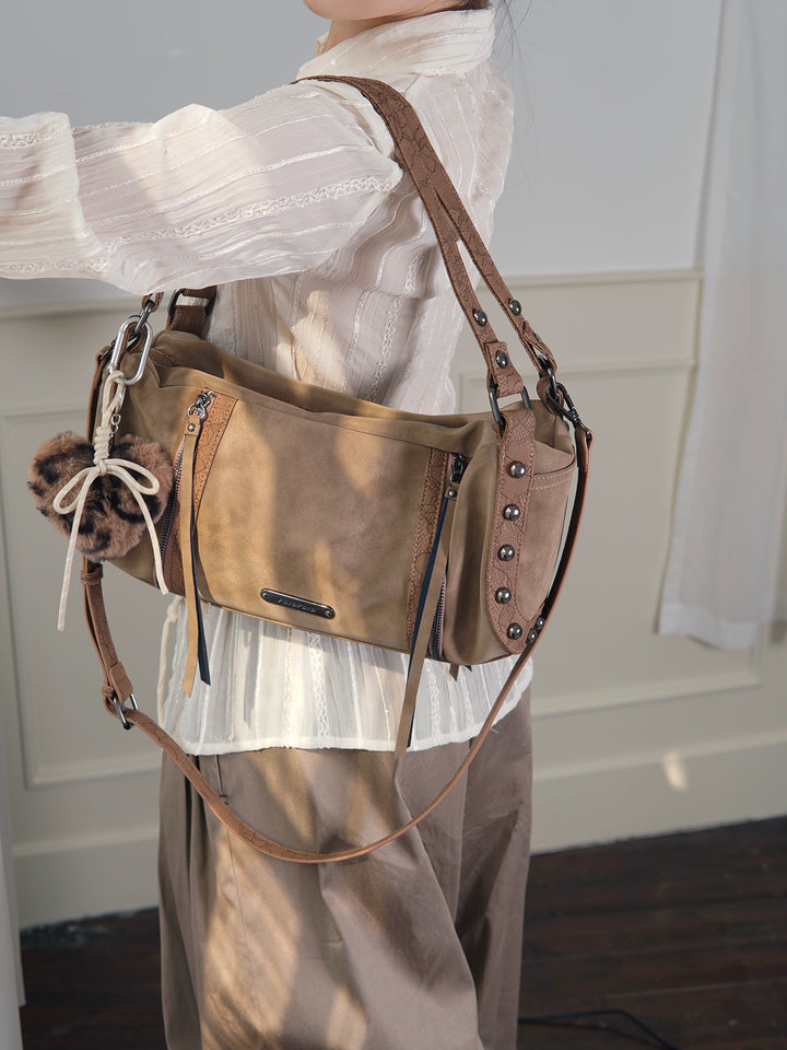 Chic Crinkled Leather Crossbody Bag with Metallic Studs