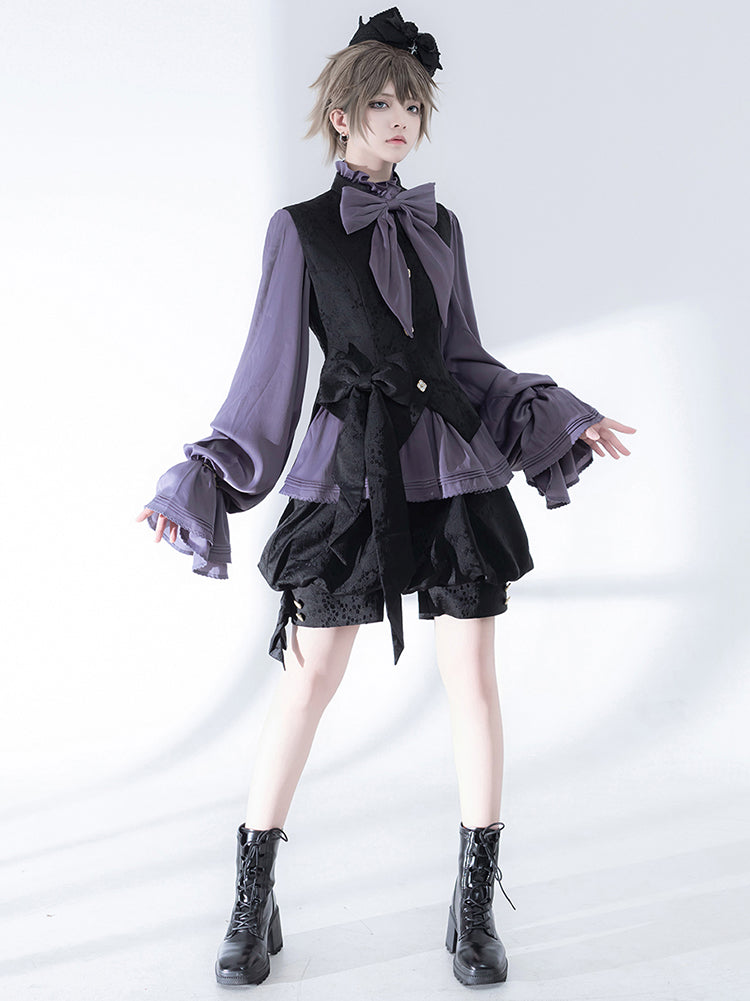 Black Floral Vest with Bow Accent