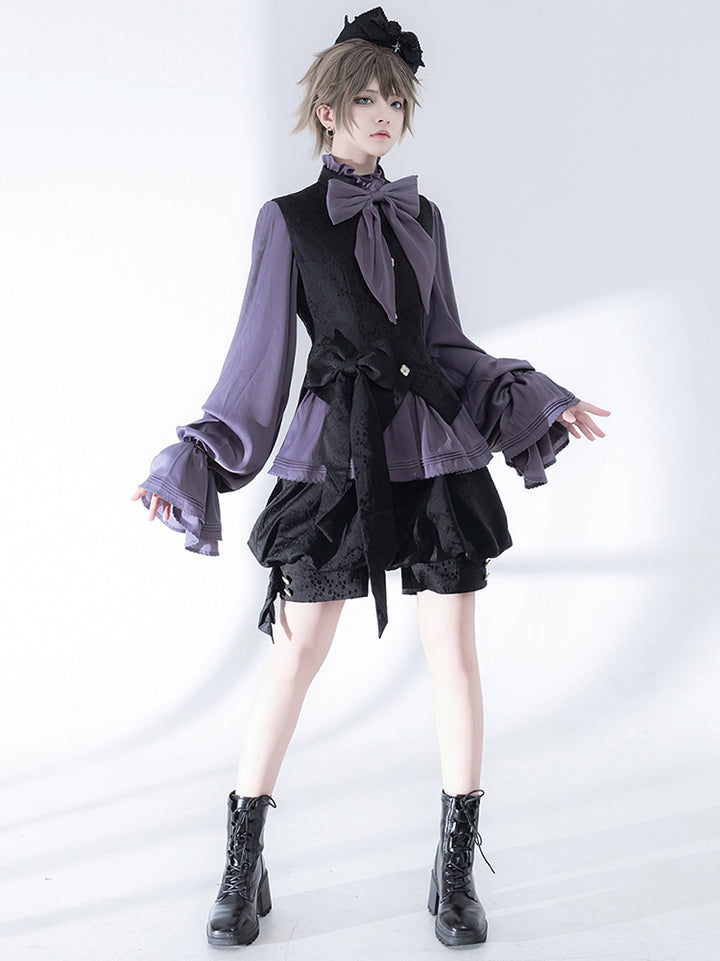 Black Floral Vest with Bow Accent