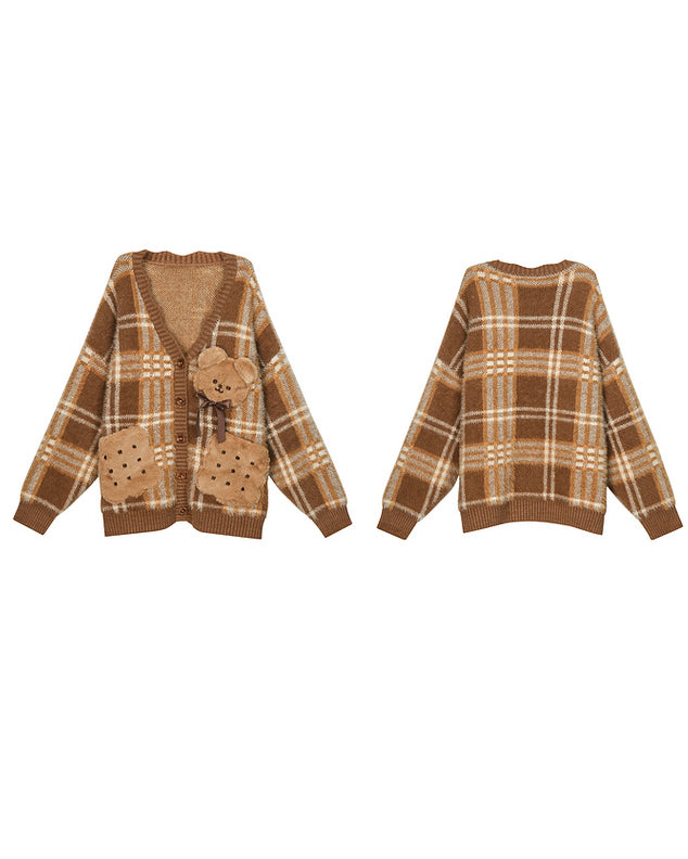 Cookie Bear Plaid Sweater Beige Shirt