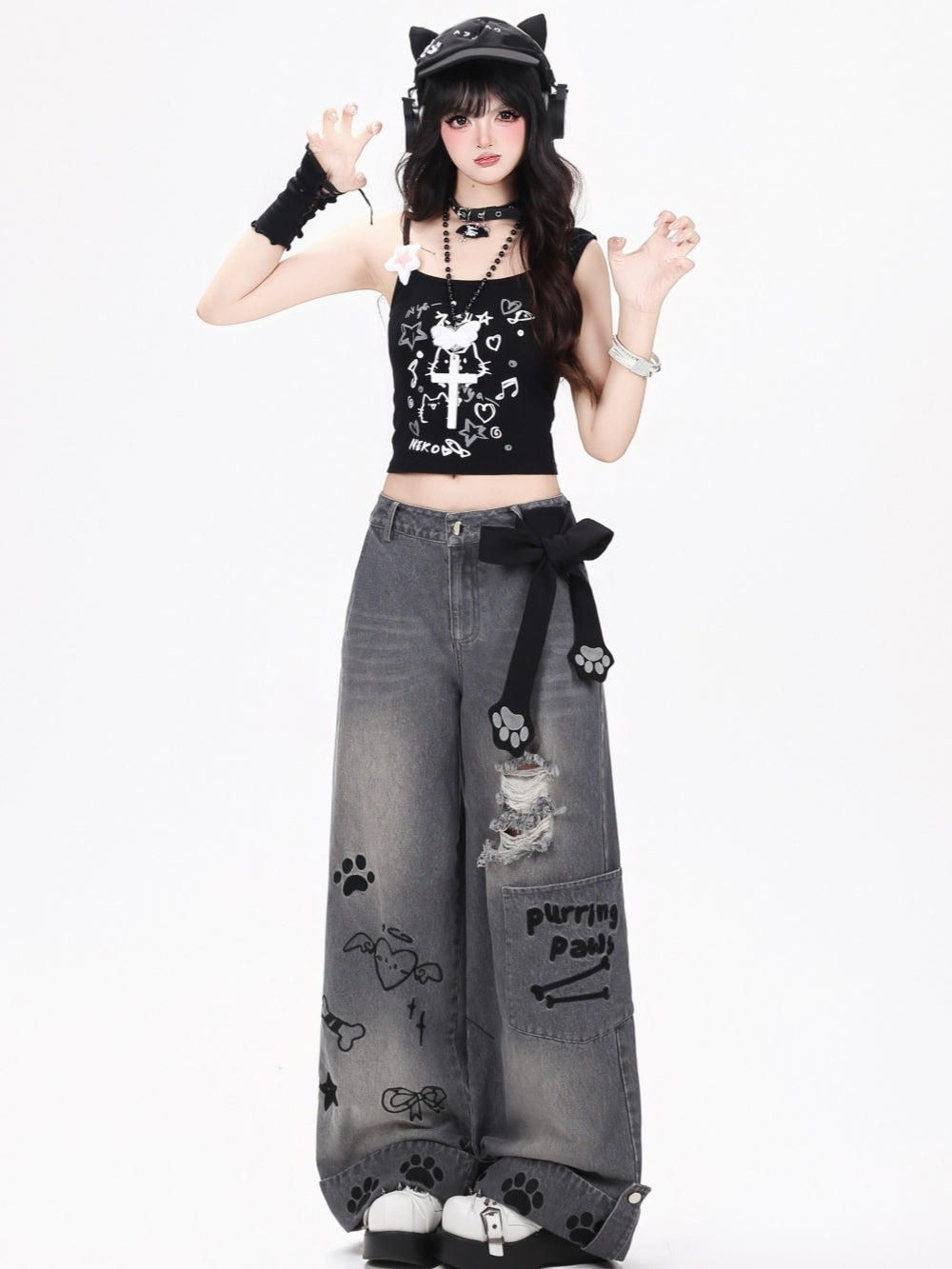Purring Paws Distressed Plaid Cuff Wide Leg Jeans
